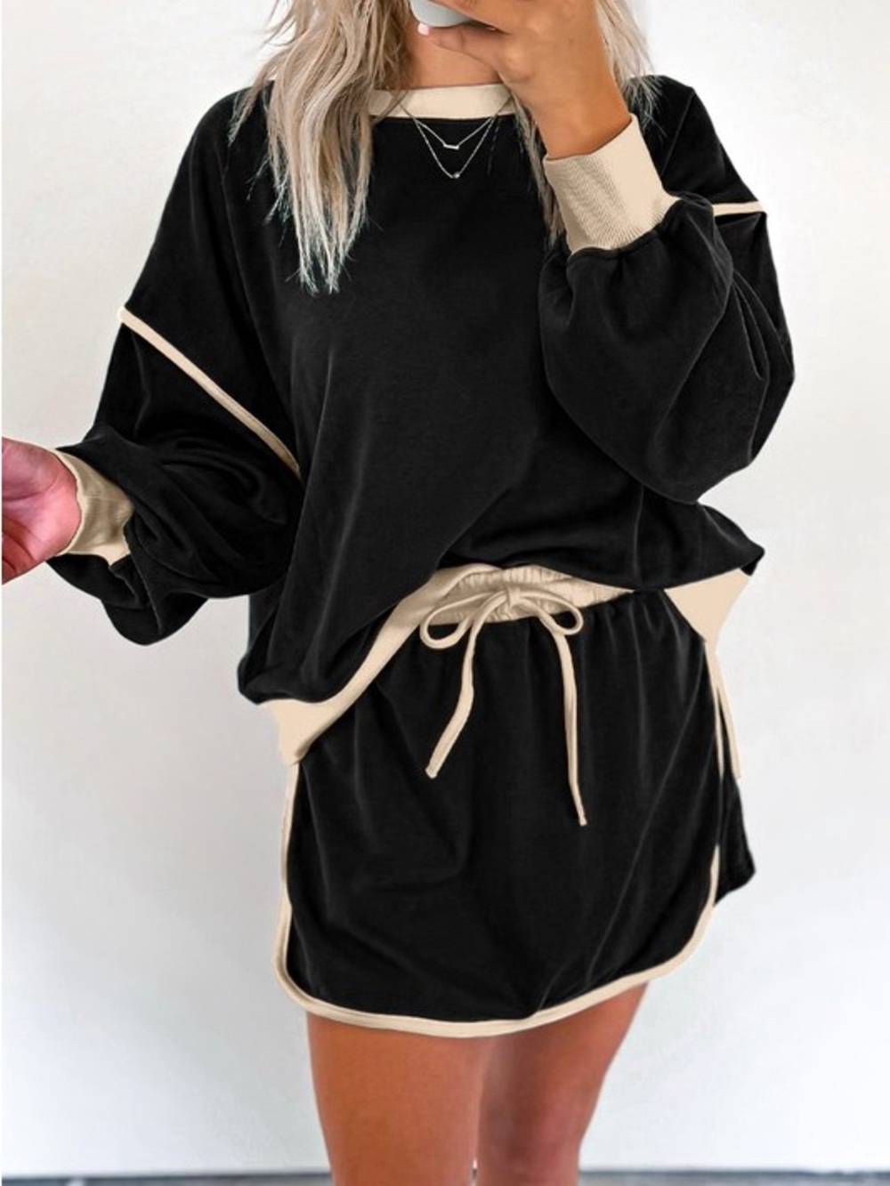 Casual Black Drawstring Mini Skirt with Contrast Trim